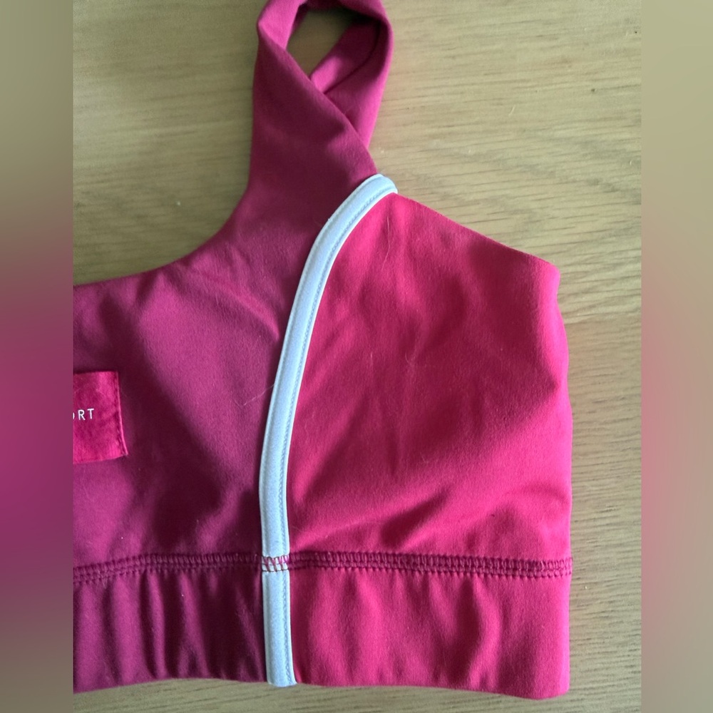 LSKD Sport Pink Athletic Sports Bra with White Trim - Picture 3 of 5